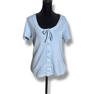 Aerie Light Blue Soft Cotton Button-Down Tie Front Short Sleeved Blouse